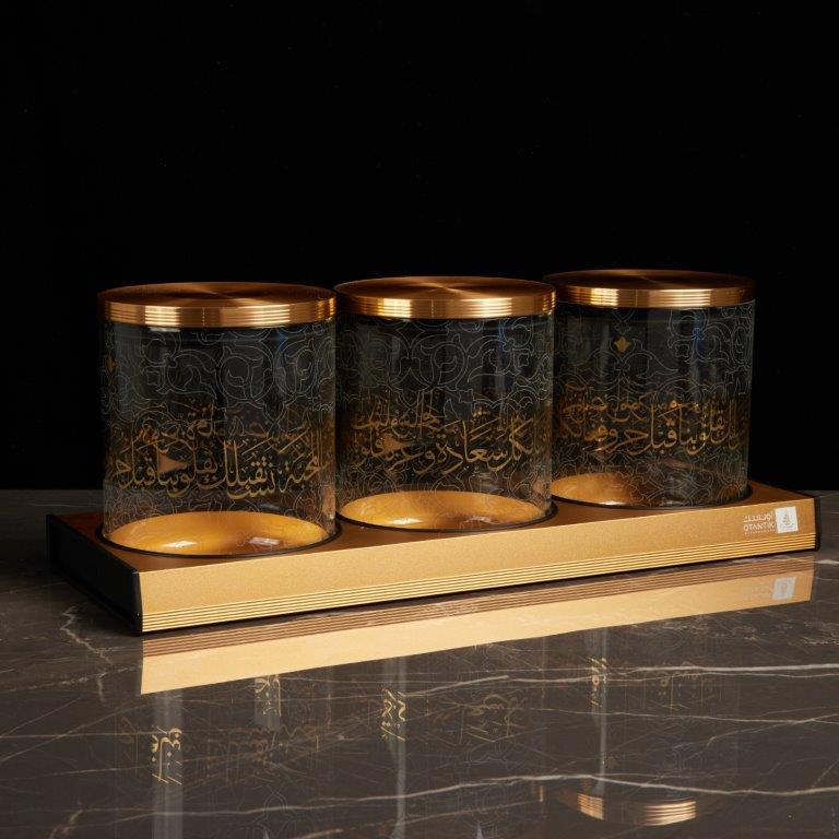 I-Glass Canister Set 4Pcs - Gold Calligraphy - 3 Cannisters Plus Tray 