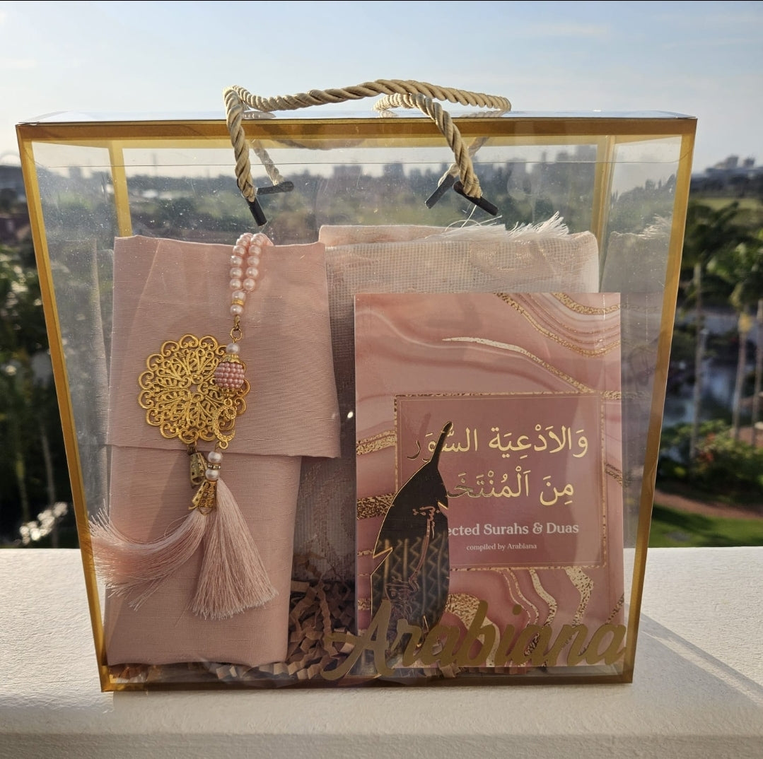 Islamic Gift Set 10 - Travel Musalla, tasbeeh, Raw silk Bag and Selected Surahs Kitaab in Clear Personalised Gift Box (with Name)
