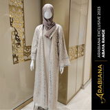 Beige katoen Abaya met silwer snoei 3 stuks stel