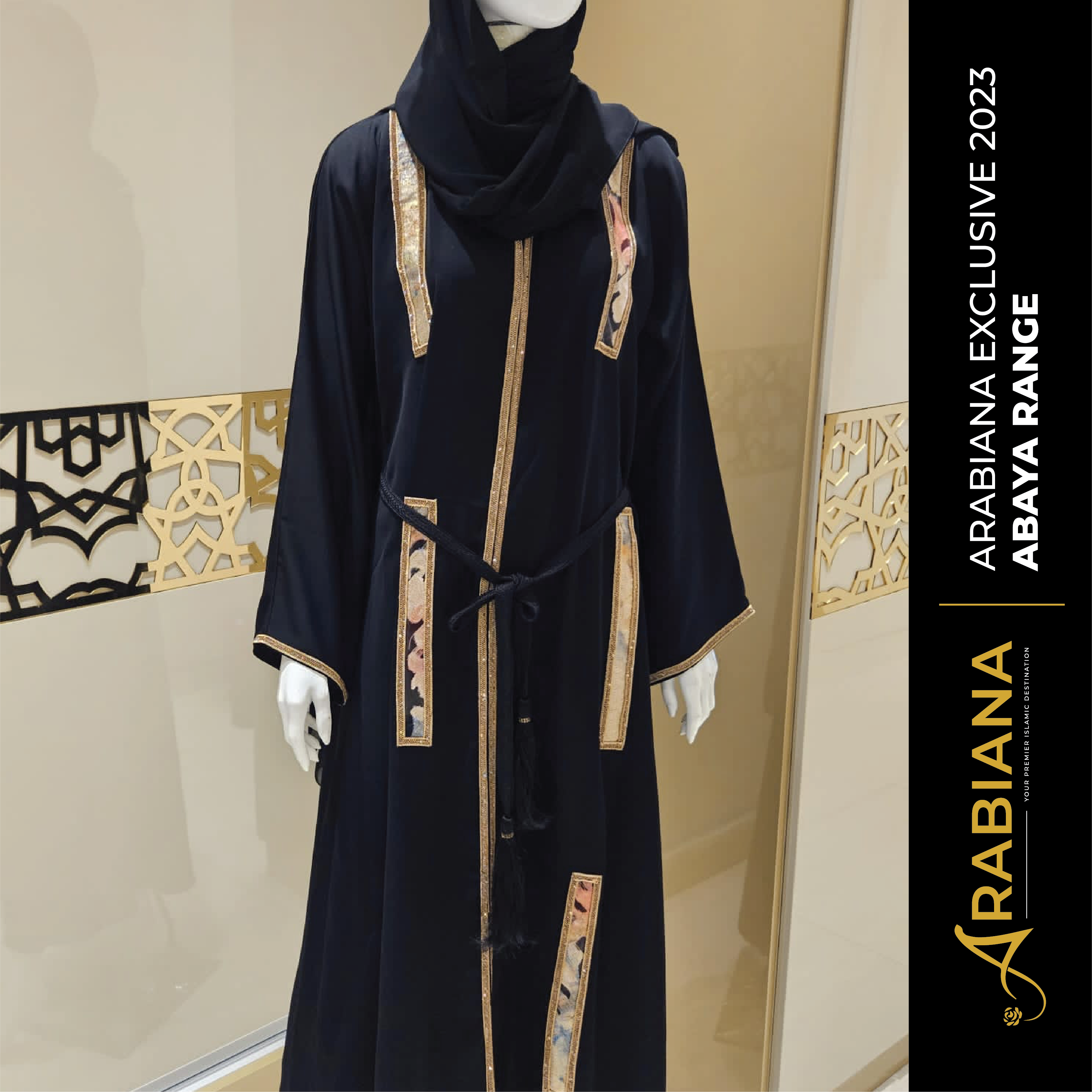 I-Luxury Black &amp; Gold Line Abaya